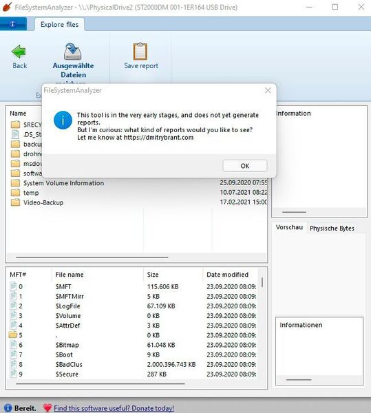 Berichte in FileSystemAnalyzer. (Joos/Dmitry Brant (Screenshot))