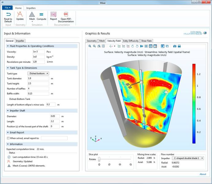 Ein Beispiel für eine kompilierte Simulationsanwendung, wo Anwender ein Rührwerk optimieren können. (Comsol)
