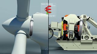 Die jeweils vier hydraulisch betriebenen Radial- bzw. Axialzylinder (rechte Bildhälfte) erzeugen die realen Lasten und Momente, die in einer Windkraftanlage auftreten. Dabei simulieren die Radialzylinder das Gewicht einer Rotornabe mit Rotorblättern; die Axialzylinder generieren die Windlasten.  (Bild: Schaeffler)
