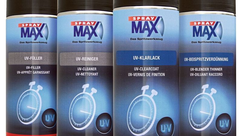 Das UV-Lacke-Konzept von Spraymax besteht aus vier aufeinander abgestimmten Produkten. Hersteller Kwasny vespricht: Werkstätten sollen mit diesen bei der Kleinschadenlackierung bis zu 75 Prozent Zeit einsparen können. (Kwasny)