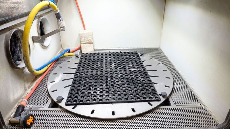 Ein Drehtisch (mit Gummimatte) erleichert das „Hinkommen“ an jede gewünschte Stelle des zu strahlenden Bauteils. (Bild: Dominsky – VCG)