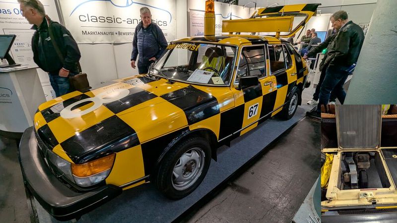 Eyecatcher am Stand von Classic Analytics: Saab 900 Friction Tester. Bei diesem kann ein separates Rad im Kofferraum abgesenkt und mit konstant 96 km/h und leichtem Schlupf die Fahrbahnbeschaffenheit aufzeichnen. Gemacht wird dies auf Landebahnen von Verkehrsflughäfen, um bei glatter Fahrbahn anfliegende Piloten rechtzeitig vor drohenden Bremswegverlängerungen zu warnen. (Bild: Dominsky – VCG)