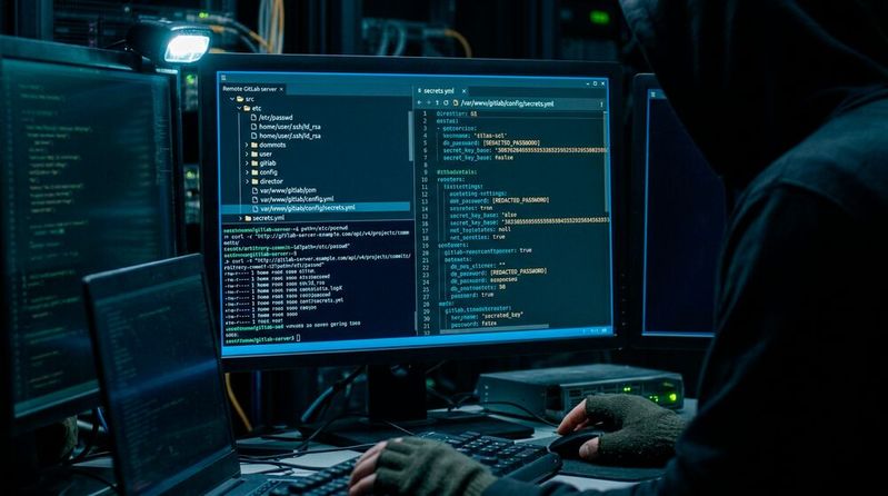 Angreifer umgehen die Authentifizierung der GitLab-Repository-Commits-API und nutzen manipulierte Dateipfade, um unbefugt sensible Serverdateien auszulesen.(Bild:  Gemini / Vogel IT-Medien GmbH / KI-generiert)