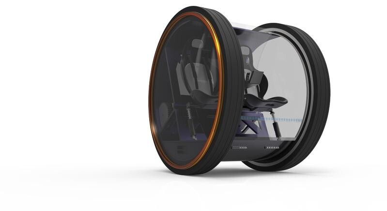 Besonderes Merkmal des Kleinstfahrzeuges „Twist“: Die zwei auffallend großen Räder befinden sich nicht unter der Fahrgastzelle für zwei Personen, sondern sind darin integriert. Sie werden von je einem Elektromotor angetrieben. (Bild: Patrice Gilles/Simon Grübel)