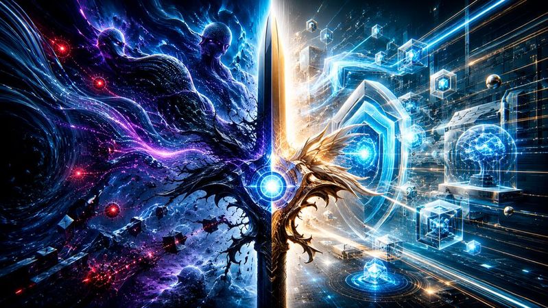 Künstliche Intelligenz ist ein zweischneidiges Schwert: Zwar unterstützt sie in der Cyberabwehr, aber sie hilft natürlich auch den Angreifern.(Bild:  Dall-E / KI-generiert)