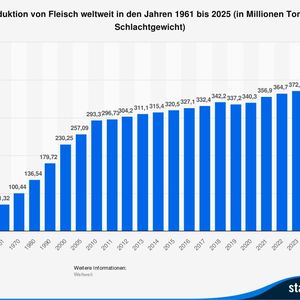 Produktion von Fleisch weltweit in den Jahren 1961 bis 2025 (in Millionen Tonnen Schlachtgewicht)(Bild:  Statista)
