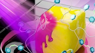 Licht statt Lösungsmittel! So können Kunststoffe bei Raumtemperatur reversibel verarbeitet werden. Ultraviolettstrahlung (lila) trifft auf ein trans-Azobenzol-Polymer (gelb) und verflüssigt es dadurch zur cis-Konfiguration (rot), wie Forscher des Max-Planck-Instituts für Polymerforschung erklären. (Max-Plack-Institut)