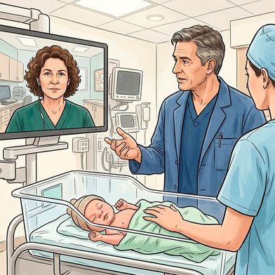 Der Tele-Neugeborenen-Notarztdienst ist Teil der „Virtuellen Kinderklinik“ Bayerns. (Bild: Gemini / KI-generiert)