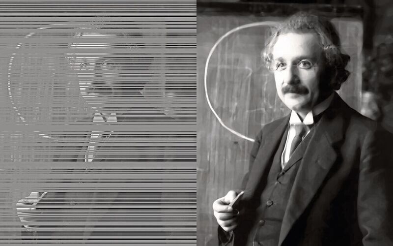 Das Porträt von Albert Einstein wurde mithilfe des «Elastica-Modells» aus unvollständigen Daten rekonstruiert (Anm.: Die technischen Bildfehler wurden zu Testzwecken von Pock selbst verursacht. Das Originalbild ist fehlerfrei).  (Ferdinand Schmutzer, 1921)