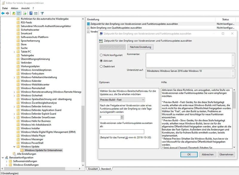Besonders wichtig ist auch das Zurückstellen von Updates, die erst später oder überhaupt nicht installiert werden sollen. Die Einstellungen dazu sind über „Computereinstellungen\Administrative Vorlagen\Windows-Komponenten\Windows Update\Windows Updates für Unternehmen“ zu finden. (Joos)