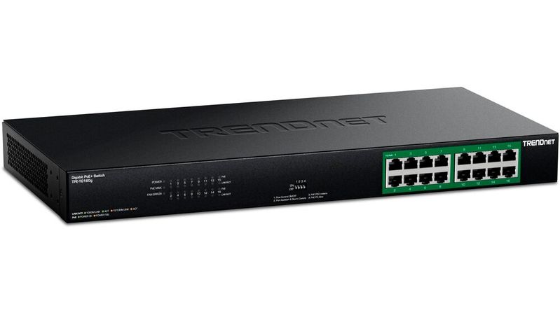 Der unmanaged Gigabit-PoE+-Switch TPE-TG160g von Trendnet versorgt bis zu 16 Netzwerkgeräte über Ethernet mit Strom und soll Long-Range-PoE-Verbindungen über bis zu 250 Meter ermöglichen.(Bild:  Trendnet)