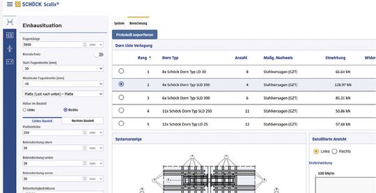 (Scalix Modul „Dehnfuge Stahlbeton – Stahlbeton“ zur einfachen und sicheren Bemessung des neuen Querkraftdorns Stacon. Bild: Schöck Bauteile GmbH)