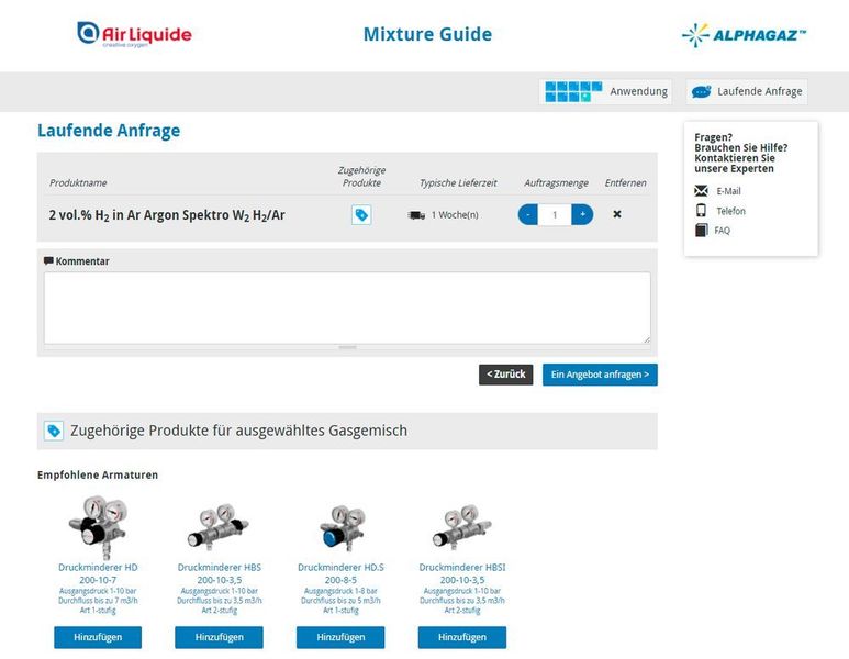Zum ausgewählten Gasgemisch zugehörige Produkte anzeigen lassen z. B. Armaturen oder Reinstgase (Air Liquide)