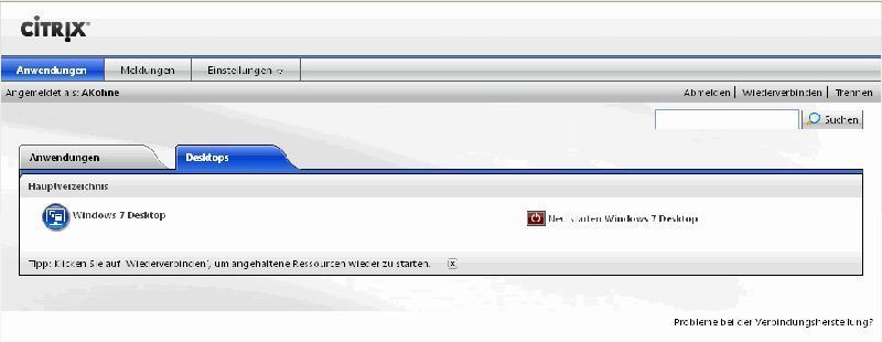 Abbildung 6: Auswahl eines virtuellen Desktops über das Webinterface von Citrix. Screenshot: Bär (Archiv: Vogel Business Media)