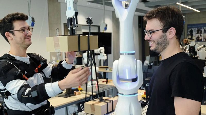 Federico Masiero (li. mit Exoskelett) und Emanuele Aimi testen die Zusammenarbeit mit einem Roboter von Neura Robotics. (Bild: Andreas Schmitz / TUM)