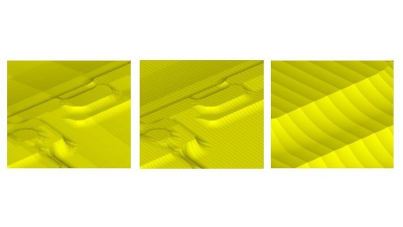 Left: A large area mold machined with a small radius tool at a low sample resolution. Centre: The same model visualised using GPU raytracing. Right: The camera has zoomed in further, and the scallops can be clearly seen.(Source:  Machine Works)