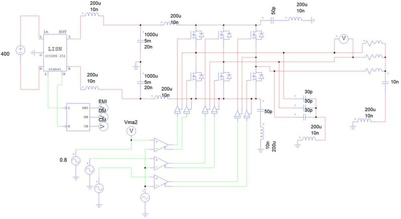 Bild 4: Schaltplan eines zweistufigen Wechselrichters mit parasitären Pfaden und nicht-idealen Komponenten. (Bild: Altair Engineering)
