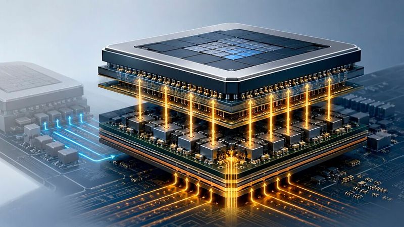Symbolbild: Darstellung einer vertikalen Stromversorgung in einem Chip-Package.(Bild:  Dall-E / KI-generiert)