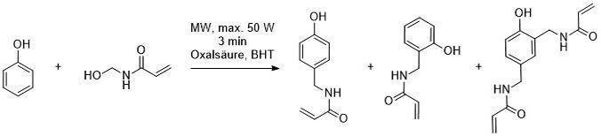Abb. 2: Reaktionsschema der Umsetzung von N-Hydroxymethylacrylamid mit Phenol unter Mikrowellenbedingungen (Bild: Uni Düsseldorf)
