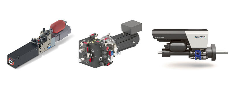 Kompakt, autark und mit integrierter Elektronik – so sehen moderne hydraulische Linearantriebe aus. Hier stellen wir drei sogenannte Kompaktachsen namhafter Hersteller vor (v.l.): CLDP-Servoantrieb von Voith, EAS von Moog und Cytro Force von Bosch Rexroth. (Voith / Moog / Bosch Rexroth)