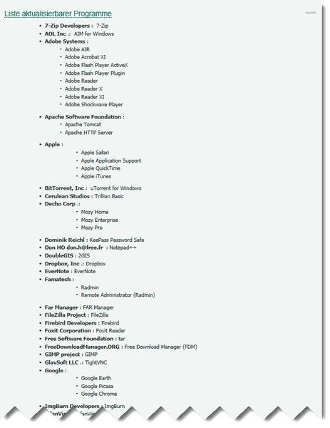 Teilausschnitt der Produktliste von Tools, die durch den Kaspersky Software Updater auf neuere Software-Versionen überprüft werden. (Th. Dombach)