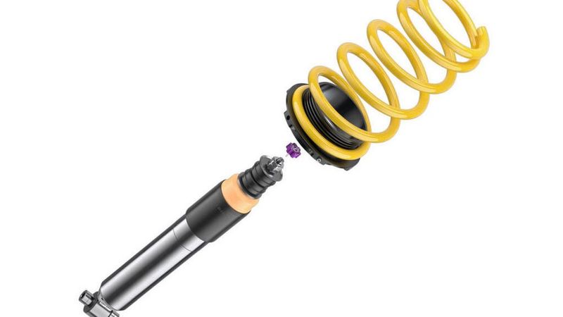 Über das kleine, violette Handrad lässt sich die Zugstufe des Stoßdämpfers in 16 Stufen einstellen. (Bild: KW Automotive)