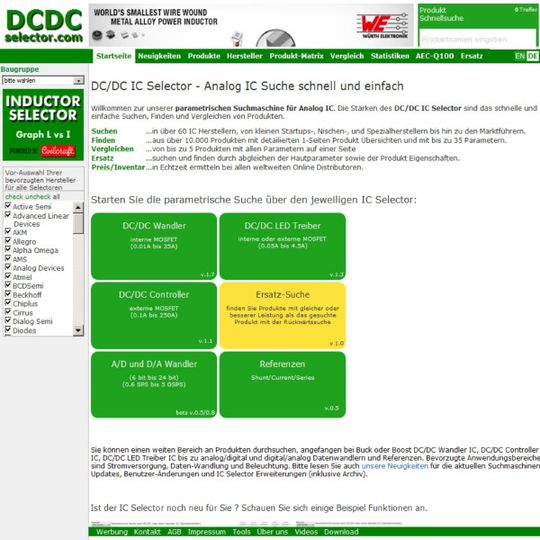 Findet immer den passenden DC/DC-Wandler-IC: die Suchmaschine DCDCselector.com.(Bild:  DCDCselector.com)
