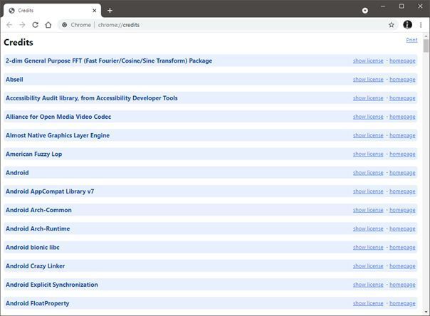 Über chrome://credits lässt sich im Webbrowser eine Liste aller verbauten Open-Source-Komponenten samt Verlinkung auf Webseite und Lizenztext abrufen. (Lubkowitz)