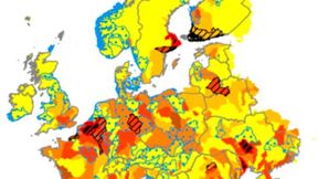 Map of a simulated risk of water stress in 2050 where hydrogen is used in transport and industry. Baseline risk (regardless of hydrogen use) is represented by the background color in each area. Dashed areas show water use exceeding available resources due to hydrogen production. Blue dots show areas where the risk of water stress increases by more than 50 percent in the simulation. (Source: Chalmers University of Technology / Joel Löfving)