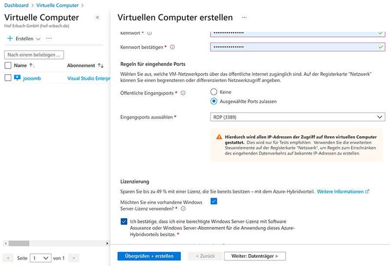 Beim Erstellen von neuen virtuellen Servern kann der Azure Hybrid-Vorteil genutzt werden. (Joos)