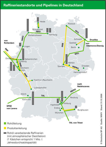 Im Westen und Osten liegen die Hauptleitungen für die Versorgung Deutschlands mit Erdöl. (Grafik: BP)