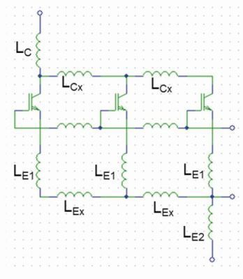 Bild 16: Ersatzschaltbild für die Anordnung in Bild 15. LC bezieht sich auf die Zuführungen zur Kollektorfläche, LE1 bezieht sich auf die Emitteranschlüsse der Gehäuse, LE2 bezieht sich auf den einen Leiter, der die Emitterleiterbahn kontaktiert und LCx, LEx beziehen sich auf die Streuinduktivität von Bauelement zu Bauelement am Kollektor bzw. Emitter. (Bild: Infineon)
