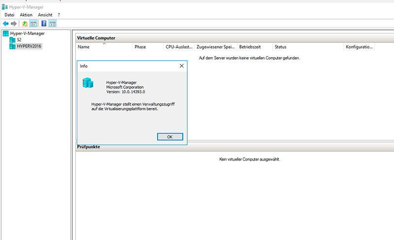 Abbildung 7: Nach der erfolgreichen Installation des Servers kann ein Verbindungsaufbau zum Hyper-V-Server über einen Hyper-V-Manager eines anderen Servers mit Windows Server 2016 erfolgen, oder durch den Hyper-V-Manager auf einer Arbeitsstation mit Windows 10 und installierten Remote Server Administration Tools. Der Server sollte problemlos anzubinden sein, vor allem wenn sich die Rechner in der gleichen Domäne befinden. (Thomas Joos/ Microsoft)