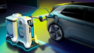 Laderoboter für Elektrofahrzeuge sind nicht neu. Volkswagen hat bereits im Dezember 2019 ein Laderoboterkonzept vorgestellt. Nun nimmt das Thema in China Fahrt auf.  (Bild: Volkswagen)