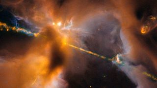 So könnte unser Sonnensystem bei der Geburt ausgesehen haben: Der junge Stern sendet Strahlung und Materie in Form von Jets aus. Das Hubble-Bild zeigt das Objekt HH 24 in einer Sternentstehungsregion im Orion. (NASA, ESA; D. Padgett (NASA's GSFC), T. Megeath (U. Toledo), B. Reipu)