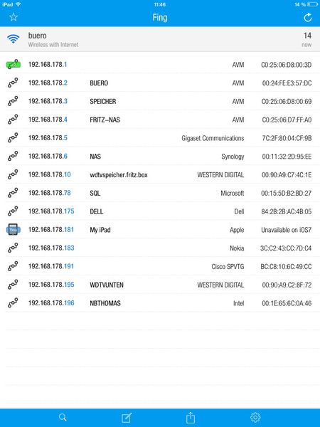 Abbildung 1: Fing zeigt alle aktuellen Geräte im Netzwerk des iPad an. Auch die Ports der Geräte lassen sich an dieser Stelle scannen. (Bild: Joos)