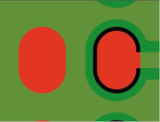 Padfläche: Parametrisierte Lötstoppmaskenfreistellung ergibt unterschiedlich große Lötanschlüsse(Bild:  LeiterplattenAkademie GmbH)