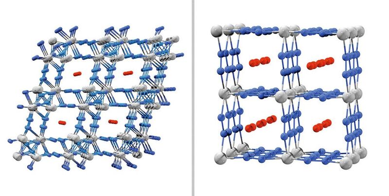 Metallische anorganische Gerüststrukturen: Hf₄N₂₀ (l.) und WN₈; Blau sind Stickstoff-Atome, grau Metall-Atome und rot die Stickstoff-Moleküle in den Zwischenräumen.