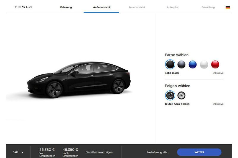 Zur Auswahl stehen fünf Farben. (Screenshot www.tesla.com)