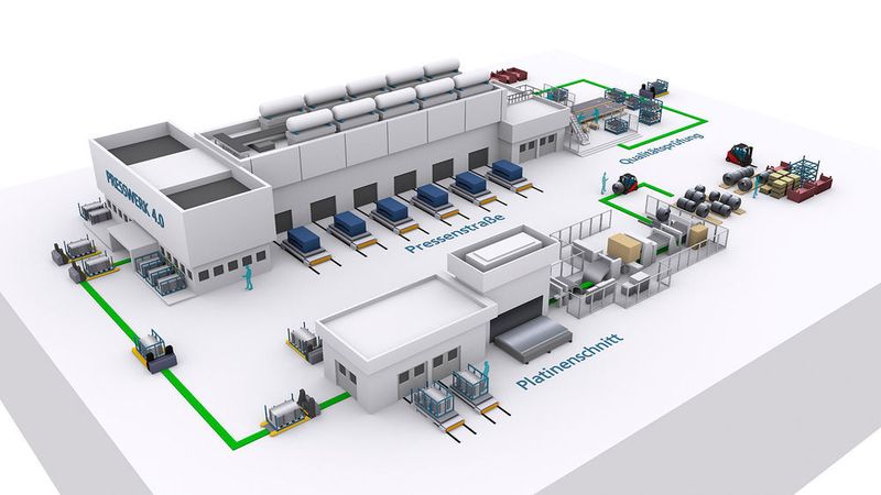 Die Besucher des Fraunhofer-Gemeinschaftsstandes auf der Hannover Messe sehen ein Miniatur-Presswerk, das als Projektionsfläche dient: Mithilfe eines Tablets blenden die Forscher auf dem Bildschirm virtuelle Informationen über dem Modell ein, etwa den Datenfluss von Sender zu Empfänger. (Bild: Fraunhofer IWU)