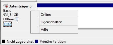 Abbildung 9: Öffnen Sie auf dem virtuellen Server die Festplattenverwaltung mit diskmgmt.msc. Hier sehen Sie, den Datenträger. Über das Kontextmenü schalten Sie diesen online. Weisen Sie dem Datenträger noch einen Laufwerksbuchstaben zu. Alle Daten sind jetzt in der virtuellen Maschine verfügbar. (Bild: Joos)
