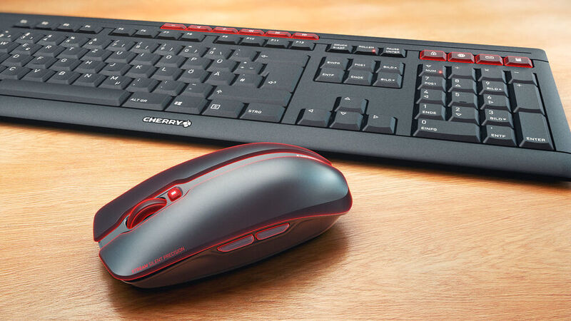 Die Maus mit sechs Tasten funkt nun ebenfalls mit AES-128-Verschlüsselung. Das Keyboard bietet zehn Zusatztasten.  (Cherry)