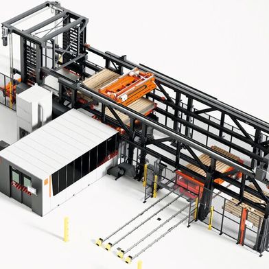 Bystronic präsentiert auf der Euroblech keine isolierten Technologien, sondern vernetzte Produktionslösungen: «ByCut 3015» mit «ByTrans Modular», «BySort» und «ByTower Cross». (Bild: Bystronic)