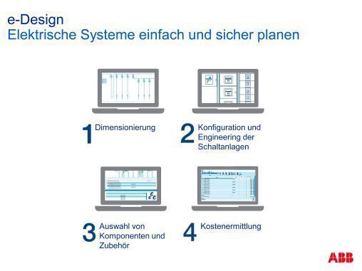 E-Design ist die neue integrierte Suite von ABB für Planer, Techniker, Ingenieurbüros, Schaltschrankbauer und Großhändler. Mit E-Design lässt sich ein elektrisches System designen und Produktionszeiten optimieren. Möglich macht dies der Zugriff auf ein Produktportfolio, das mittels intuitiver und einfacher Funktionalitäten synergetisch genutzt werden kann. Die Software baut auf vier integrierte Funktionsmodule auf, mit denen alle Planungsstadien einer elektrischen Installation unterstützt werden können. (Bild: ABB)