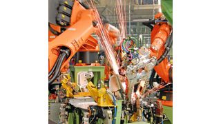 Durch das vergleichsweise geringe Gewicht der kompakten elektromechanischen Zylinder können Schweissroboter ebenso schnell und präzise wie energieschonend arbeiten. (SKF)