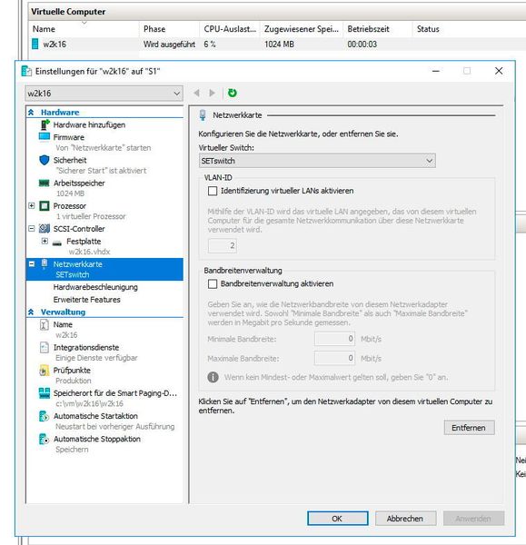 In Windows Server 2016 können virtuelle Netzwerkadapter im laufenden Betrieb einer VM hinzugefügt oder entfernt werden. (Joos / Microsoft)
