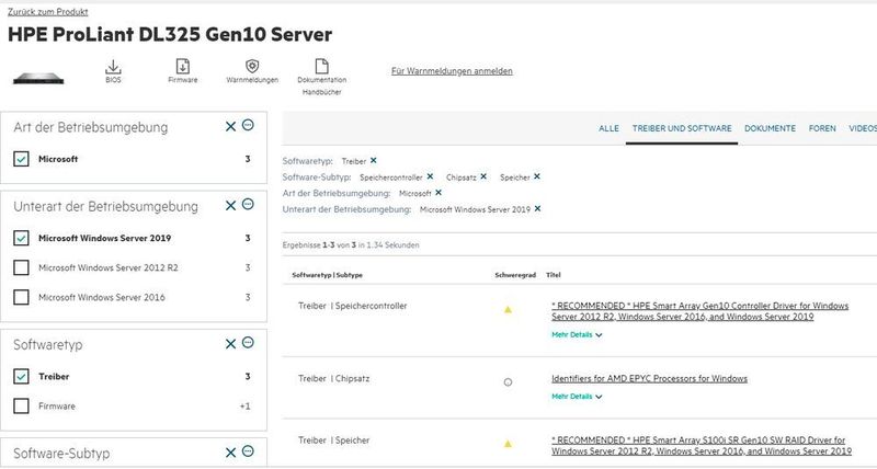 Serveranbieter wie HPE stellen auf Support-Seiten für einzelne Server auch Treiber für aktuelle Betriebssysteme zur Verfügung. Diese sollten möglichst verwendet werden, da sie für das entsprechende Gerät optimiert sind. (Joos / HPE)
