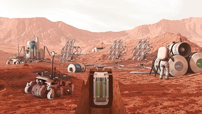 Illustration eines Photobioreaktors auf Basis von Cyanobakterien als Teil eines biologischen Lebenserhaltungssystems einer Mars-Station.