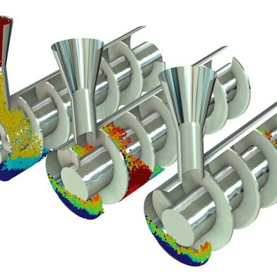 Granulat wird mittels einer Förderschnecke transportiert. Die einzelnen Grains sind entsprechend ihrer Freigabezeit farblich gekennzeichnet. (Bild: Comsol)