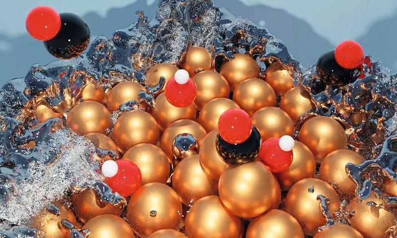 Künstlerische Darstellung der Cluster-Bildung auf der Oberfläche von Kupfer (Andrea Auer)